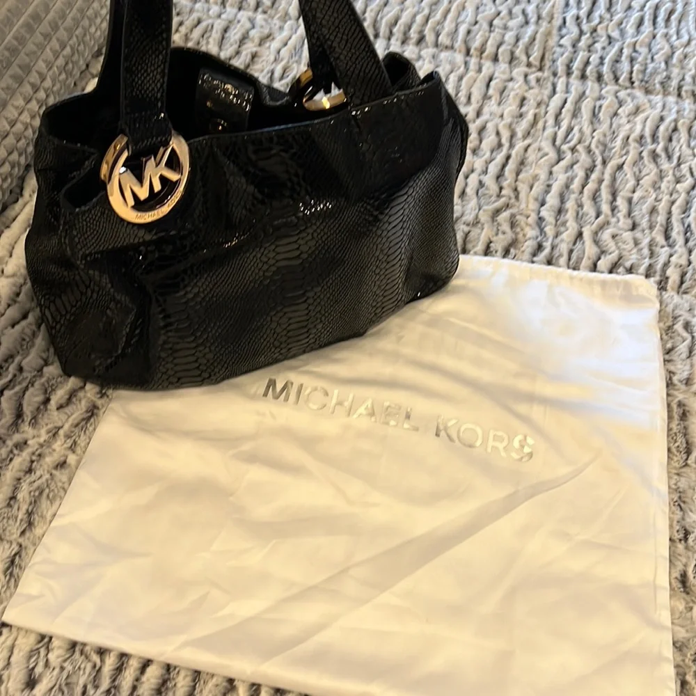 Michael Kors Fulton Black Snake skin Genuine Leather Tote Bag with Gold …